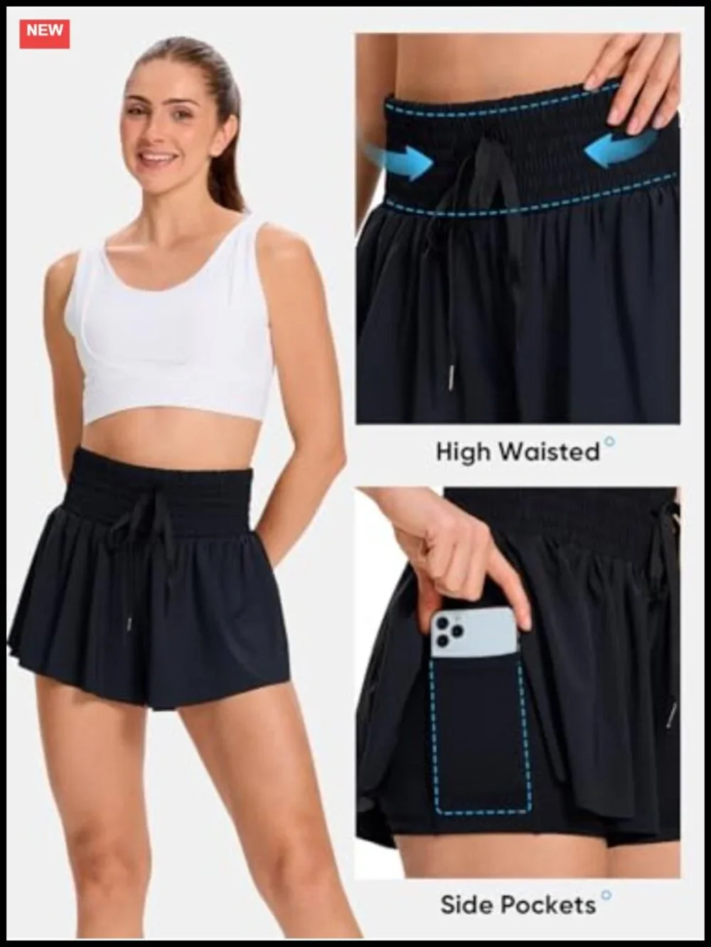Flowy Athletic Skort High Waist with Pockets for Women Running Gym Yoga 2-in-1